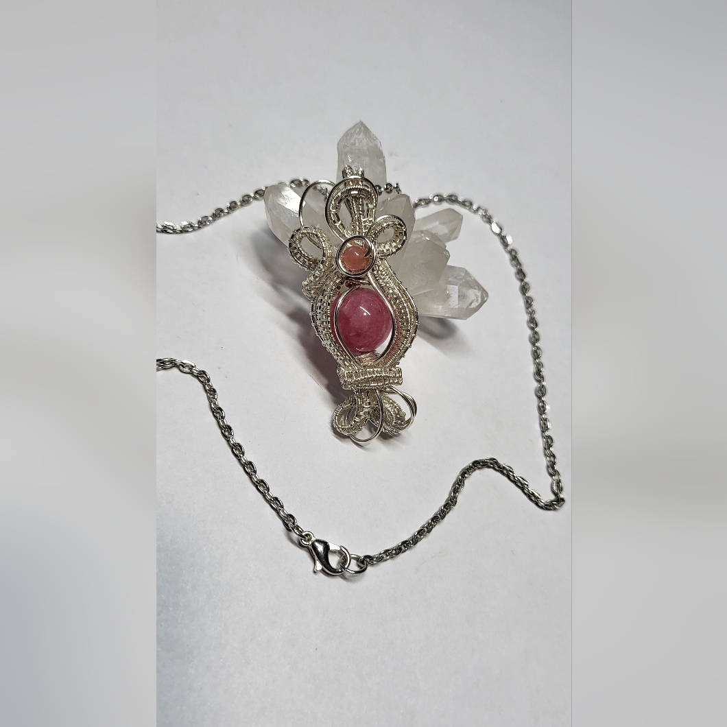 Elegant Pink Quartz, Wrapped With Silver Plated Wire, Pendant And Necklace